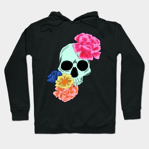 Light Green Skull with Neon Pink yellow orange and blue flowers Hoodie by galaxieartshop